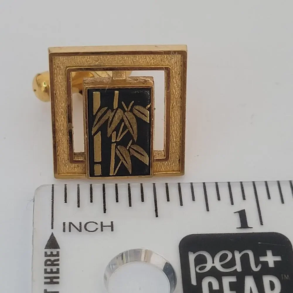 Japanese Damascene Gold Black Etched Painted Cufflinks Vintage Square